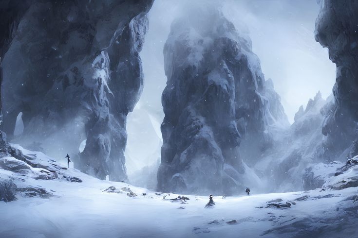 a group of people walking through a snow covered mountain valley with tall rock formations in the distance