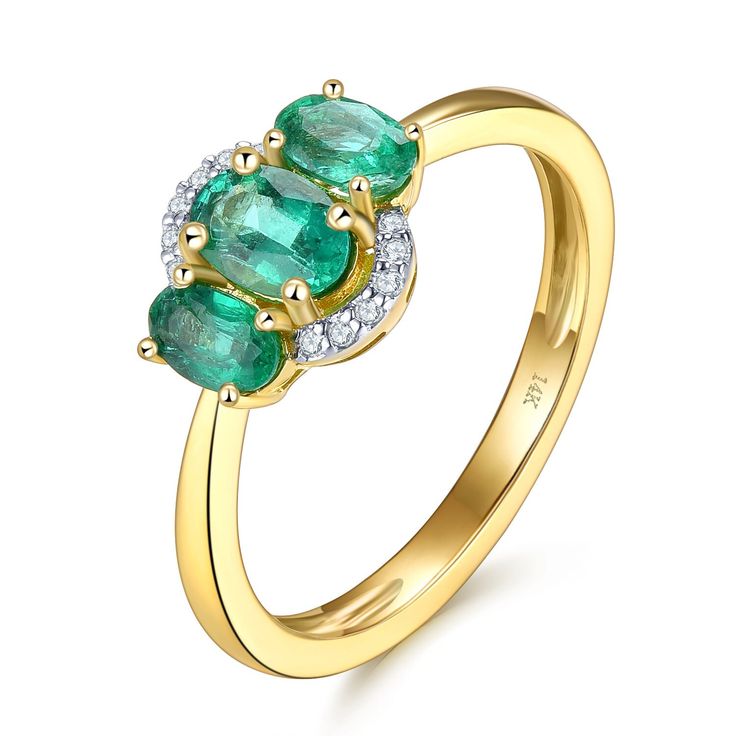 three stone ring with emeralds and diamonds in yellow gold plated sterling or 18k