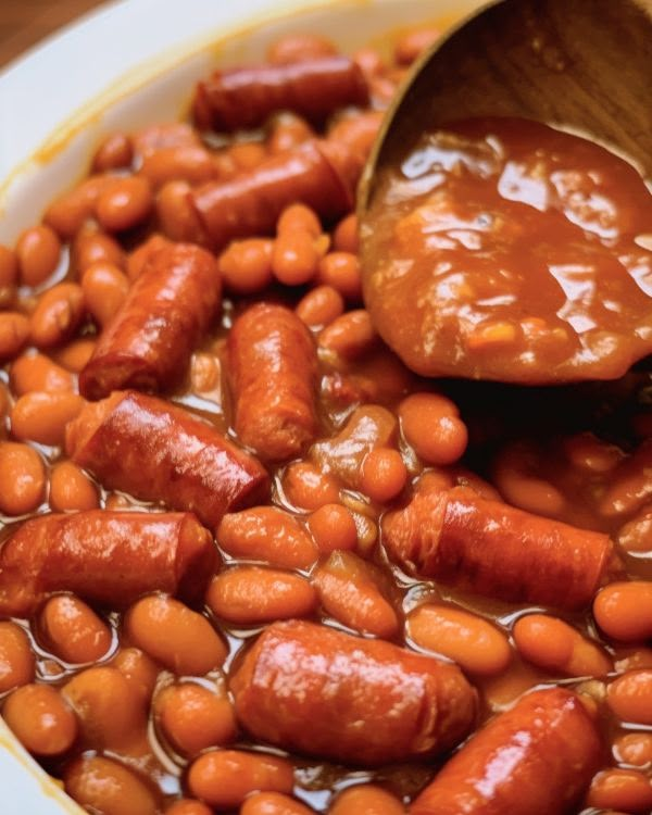 beans and sausages are in a bowl with a wooden spoon