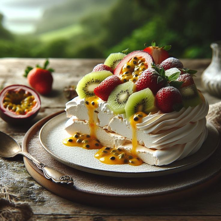 there is a cake with fruit on the top and white icing drizzled over it