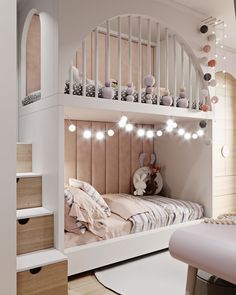 a child's bedroom with a bunk bed and stairs