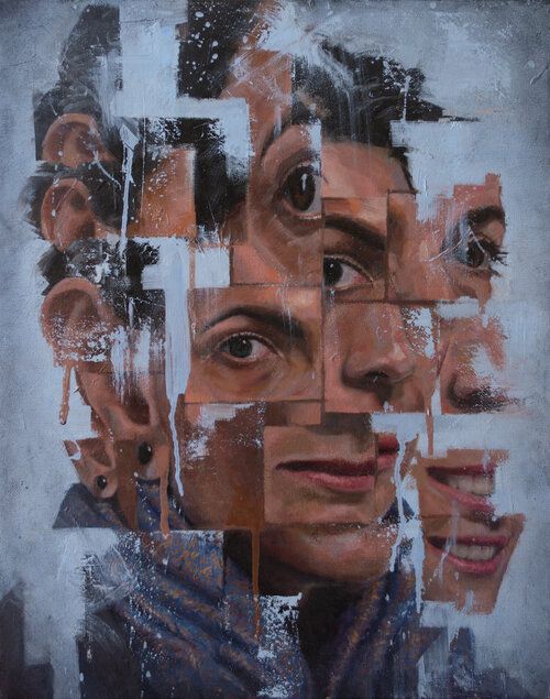 a painting with many different faces and shapes on it's face, including the man's head