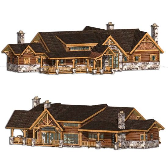 two renderings of the front and back of a log cabin home with stone accents