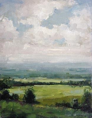 an oil painting of green fields and clouds