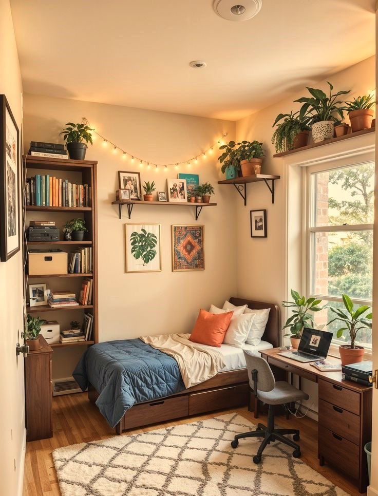 a bedroom with a bed, desk and bookshelf in front of a window