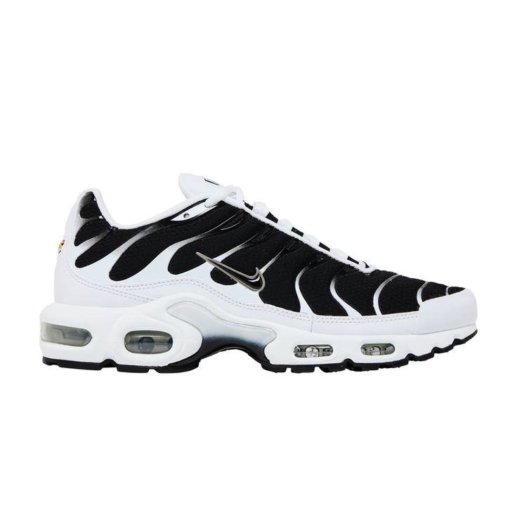 Find NIKE Air Max Plus ' White on Editorialist. The Nike Air Max Plus ‘Black White’ showcases an elemental two-tone color scheme that serves to highlight the sneaker’s unique lines, including the wavy TPU overlays that draw inspiration from palms trees blowing in the wind. Contrasting pops of color appear on the hexagonal Tn Air logo that adorns the heel panel — a nod to the precisely tuned visible Max Air units embedded in the sneaker’s foam midsole. Modern Low-top Custom Sneakers With Air Cushioning, Modern Custom Lace-up Sneakers With Air Max Cushioning, Modern Custom Sneakers With Cushioned Footbed For Sports, Modern Custom Sneakers With Air Cushioning For Streetwear, Dynamic Custom Sneakers With Cushioned Footbed For Streetwear, Modern Streetwear Running Shoes With Cushioned Footbed, Modern Nike Air Max Low-top Sports Shoes, Modern Nike Air Max Low-top For Sports, Nike Air Max Modern Streetwear Shoes