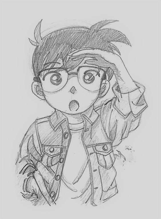 a drawing of a boy with glasses and a jacket on, holding his hand up to his head