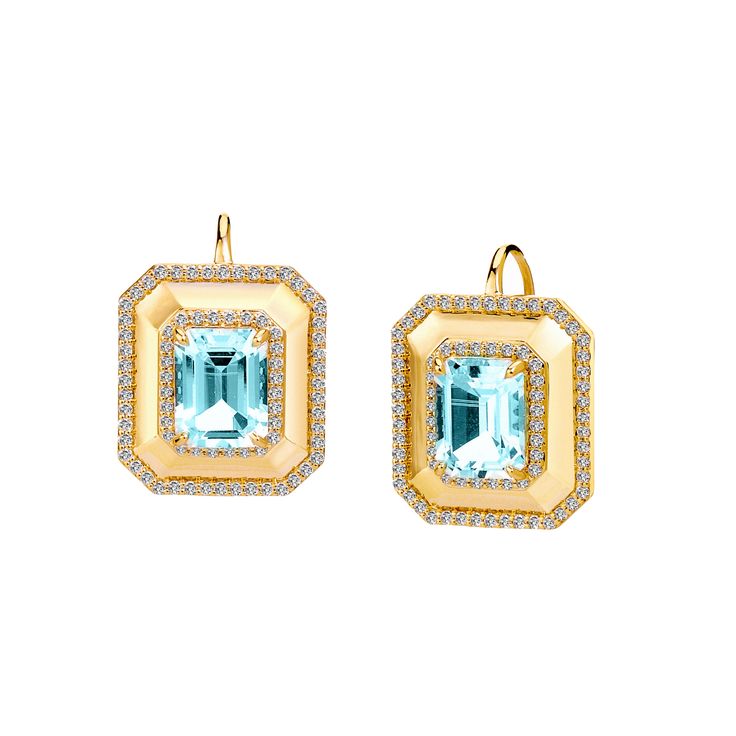 Gemstone & Diamond Octa Earrings Luxury Yellow Gold Topaz Earrings, Formal Blue Topaz Diamond Earrings Fine Jewelry, Formal Blue Topaz Diamond Earrings, Formal Topaz Earrings, Fine Jewelry Blue Topaz Earrings With Gemstone Accents, Luxury 14k Gold Earrings With Gemstone Accents, Yellow Gold Jewelry With Gemstone Accents For Evening, Luxury Gold Topaz Earrings, 14k Gold Diamond Gemstone Earrings