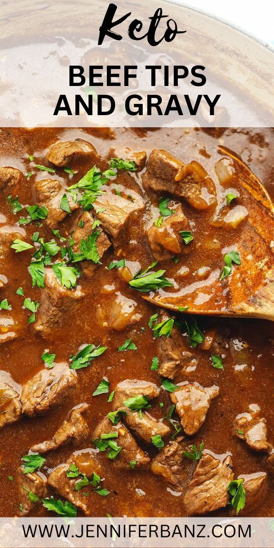 beef and gravy recipe in a skillet with text overlay that reads keto beef tips and gravy