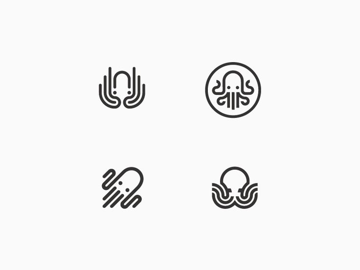 four black and white icons depicting hands holding an octopus, with the letter o in it's center