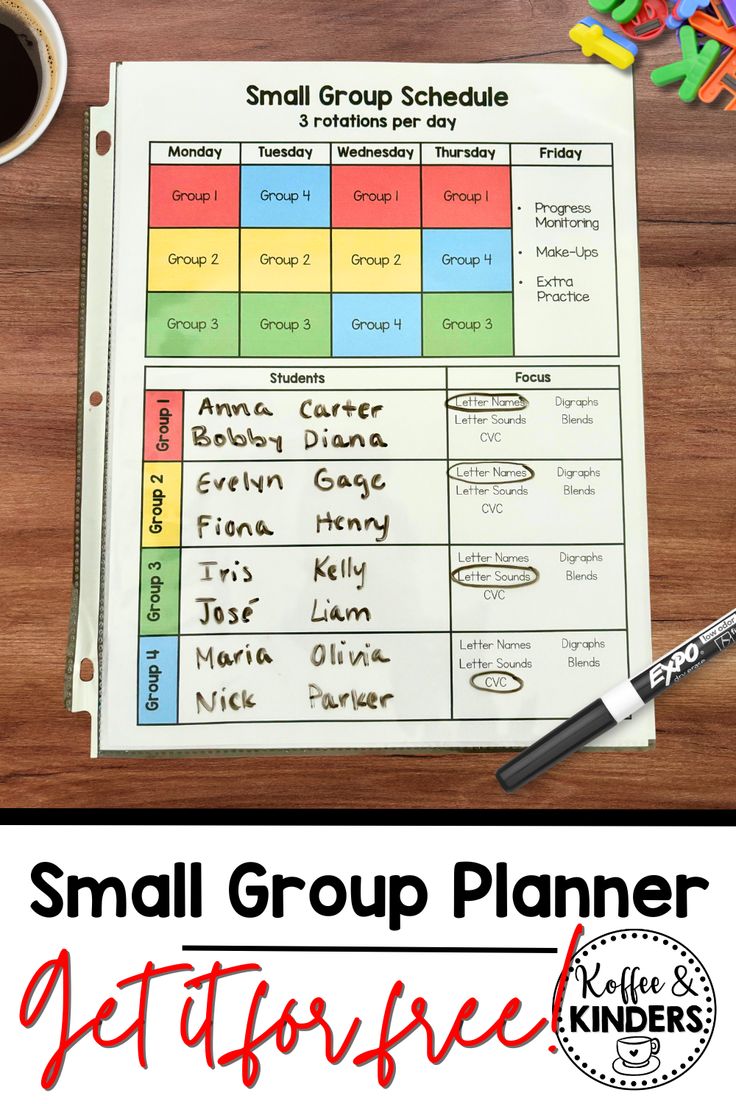 the small group planner is on top of a wooden table next to a cup of coffee