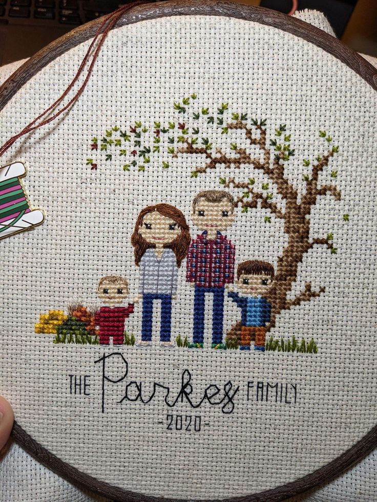 a cross stitch family portrait on a white background