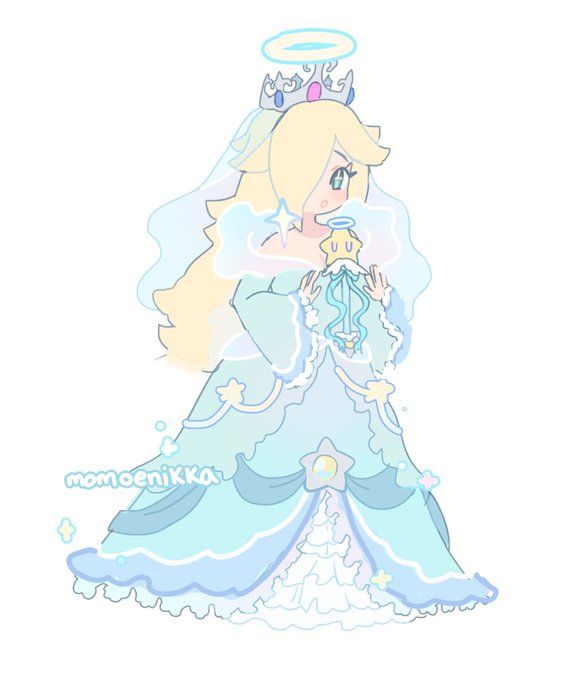 a drawing of a princess in blue and white dress with an angel on her head