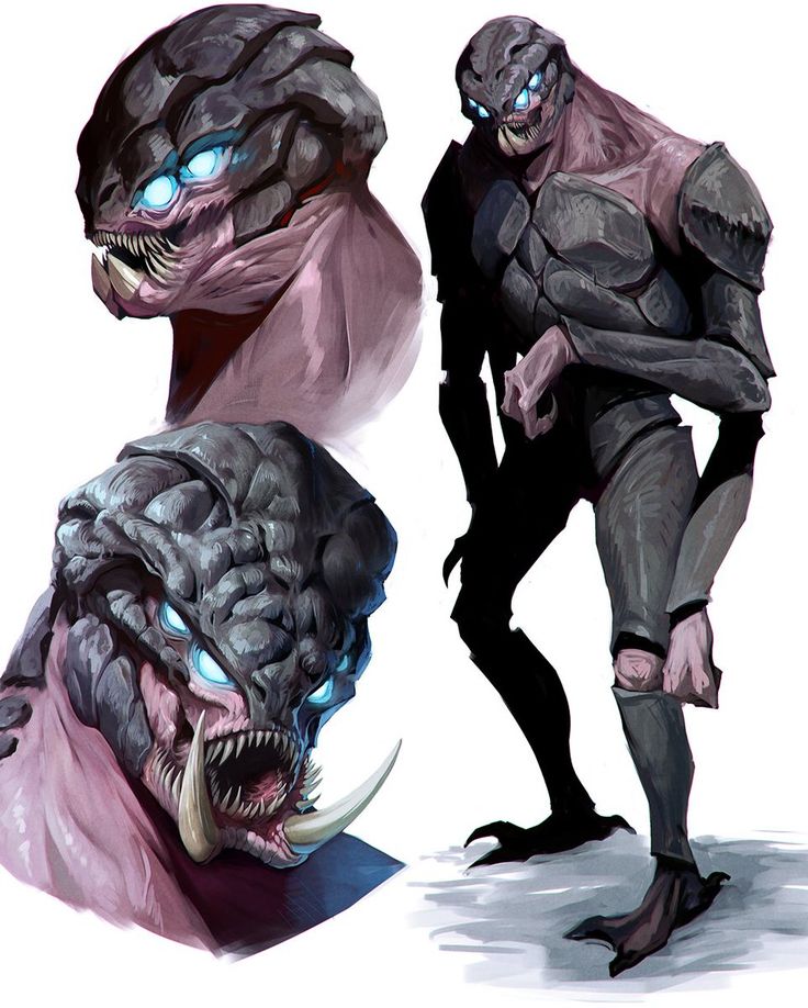 two images of an alien creature with blue eyes and large teeth, one in pink