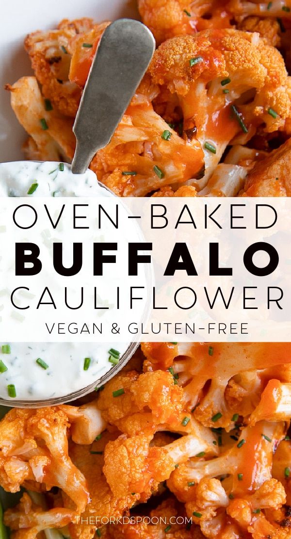 a bowl full of baked buffalo cauliflower with ranch dressing in it and the text overlay reads oven - baked buffalo cauliflower cauliflower