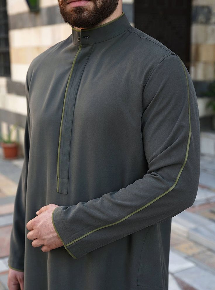 Bias Trim Thobe - Thobes - Men | Shukr Clothing Classic Fitted Long Sleeve Kurta, Long Sleeve Kurta With Button Cuffs For Workwear, Fitted Long Sleeve Kurta For Semi-formal Occasions, Fitted Long Sleeve Kurta For Workwear, Elegant Long Sleeve Kurta With Button Cuffs, Casual Long Sleeve Kurta With Button Cuffs, Elegant Long Sleeve Kurta With Button Closure, Classic Cotton Long Sleeve Kurta, Classic Long Sleeve Cotton Kurta