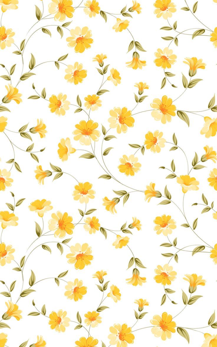 yellow flowers on a white background with green leaves and stems in the center, seamlessly