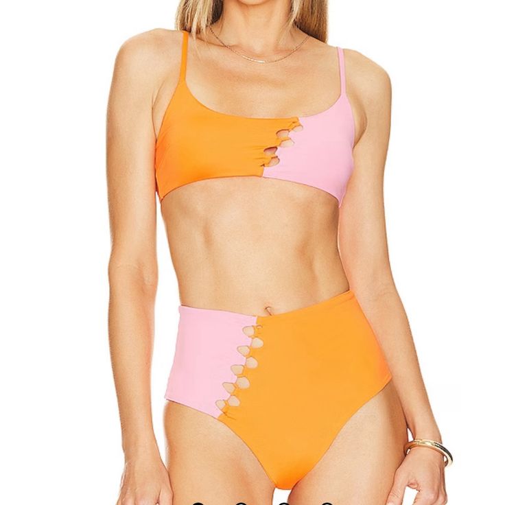 Brand New With Original Tags Top Is A Medium Bottom Is A Small Pink Beach Swimwear With Cutout, Pink Cutout Swimwear For Beach, Pink Cutout Swimwear For The Pool, Pink Cutout Swimwear For Pool, Pink Cutout Swimwear, L Space, High Waist Bottoms, Orange Fashion, Swimsuit Cover Ups