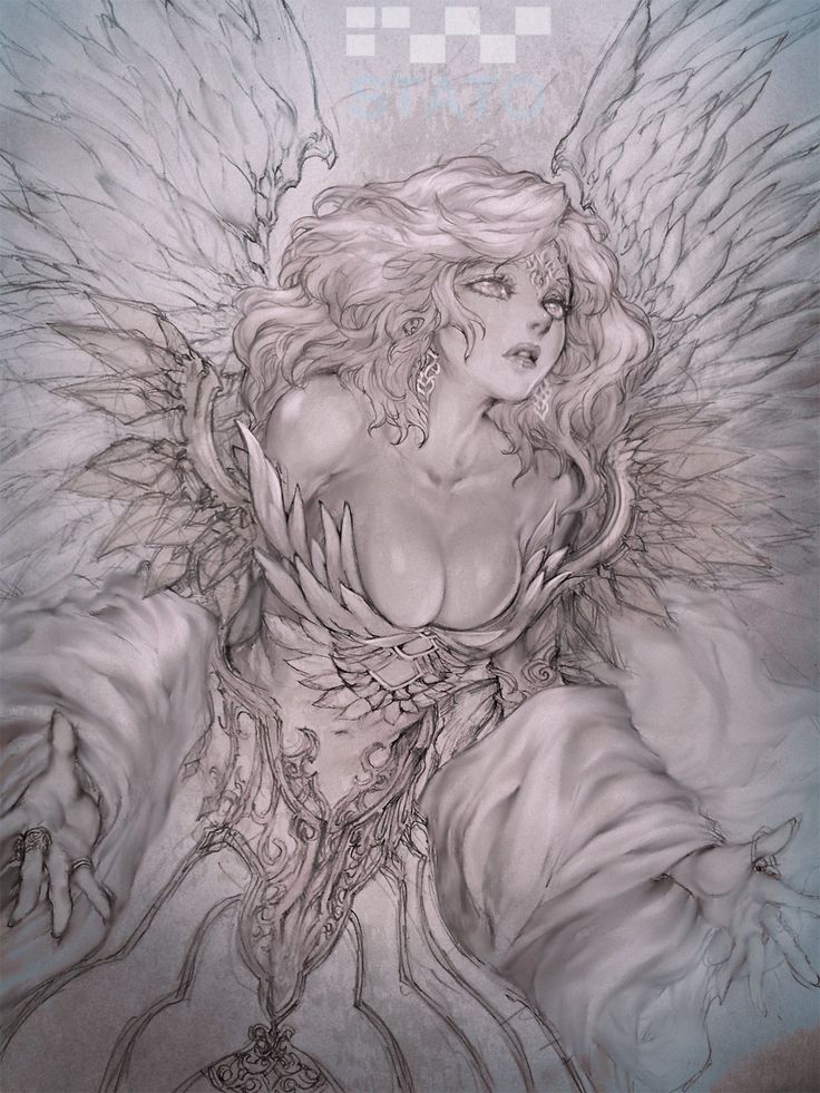 a drawing of an angel with large wings