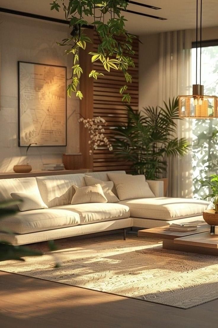 a living room filled with furniture and plants