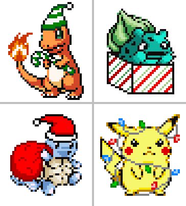 four different pixel style pokemon characters, one with a santa hat and the other with a christmas