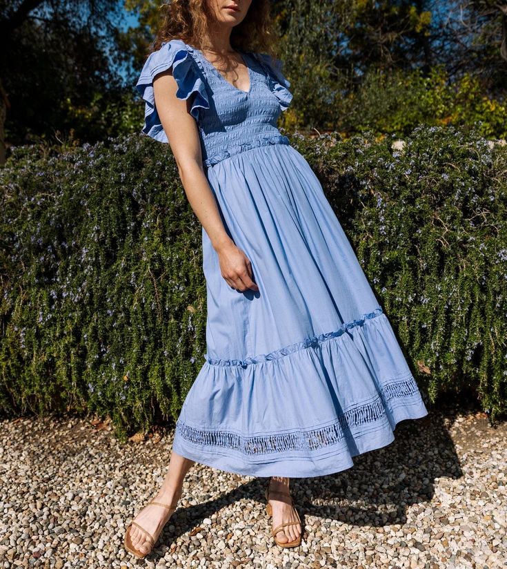 Shop Gladys Ankle Dress | Cleobella Spring Dresses For Women, Blue Beauty, Ankle Dress, Dress Spring, Ruffle Sleeves, Spring 2024, Linen Dresses, Ethical Fashion, Spring Dresses