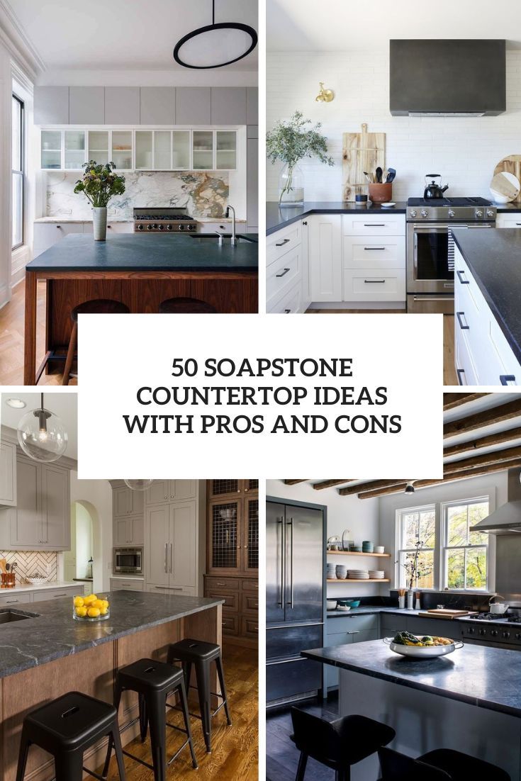 some white cabinets and black countertops in a kitchen with wooden floors, an island table and stools