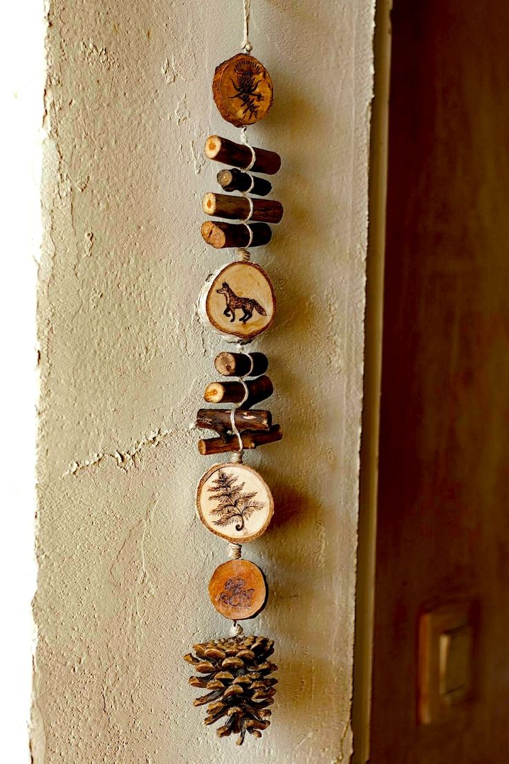 several different types of wood are hanging on the wall with pine cones and other things