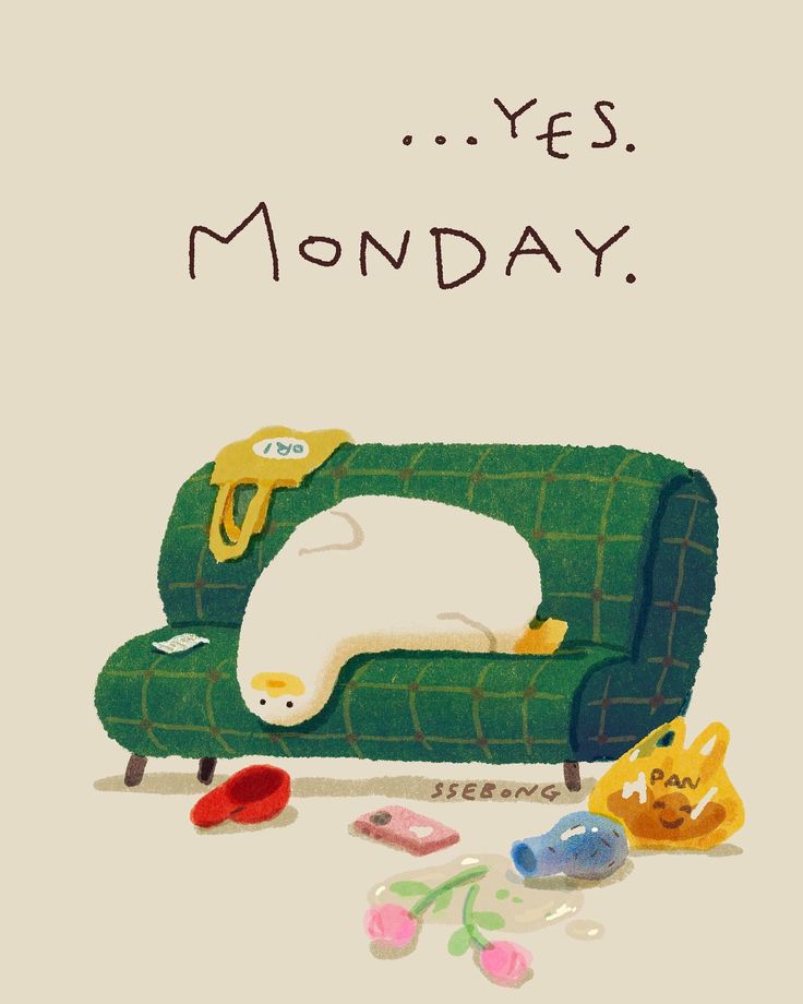 an illustration of a cat sleeping on a green couch with toys around it and the words yes monday