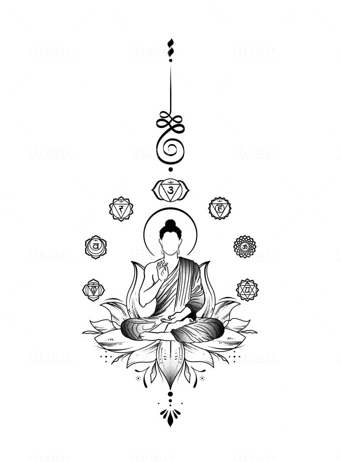 the buddha is sitting on top of a lotus flower and surrounded by other things in black and white