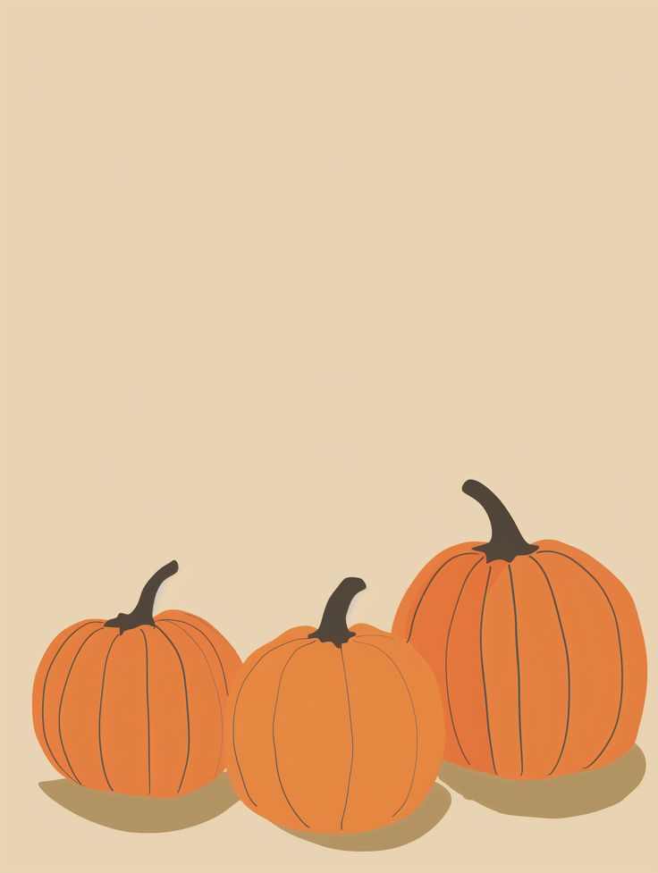 three orange pumpkins sitting next to each other on a beige background with black accents