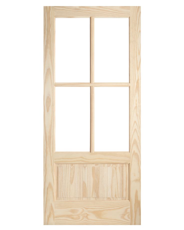 a wooden door with four panes on the front and side panels, all in light wood