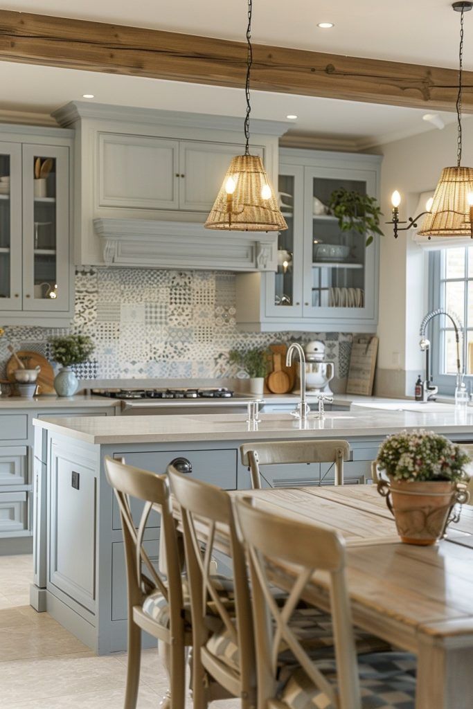 a kitchen filled with lots of counter top space next to a dining room table and chairs