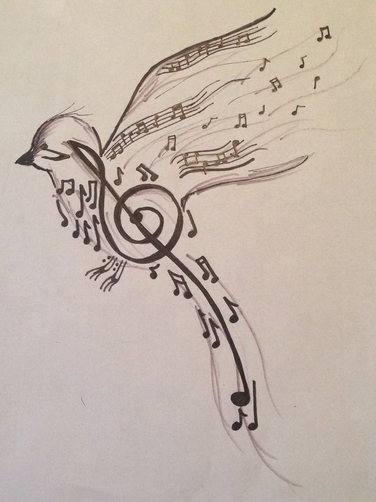 a drawing of a bird with musical notes on it's wings