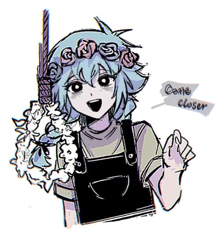 a drawing of a girl with flowers on her head and an apron over her shoulder