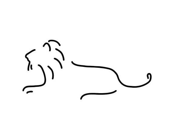 a black and white drawing of a lion's head with its tail curled up