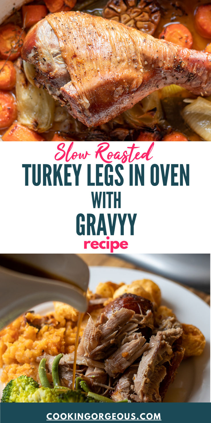 Turkey legs are slow roasted in oven with vegetables until the meat is fork tender. Turkey Legs In Oven, Baked Turkey Legs, Roasted Turkey Legs, Slow Roasted Turkey, Turkey Leg Recipes, Turkey Leg, Sunday Dinner Recipes, Oven Roasted Turkey, Baked Turkey