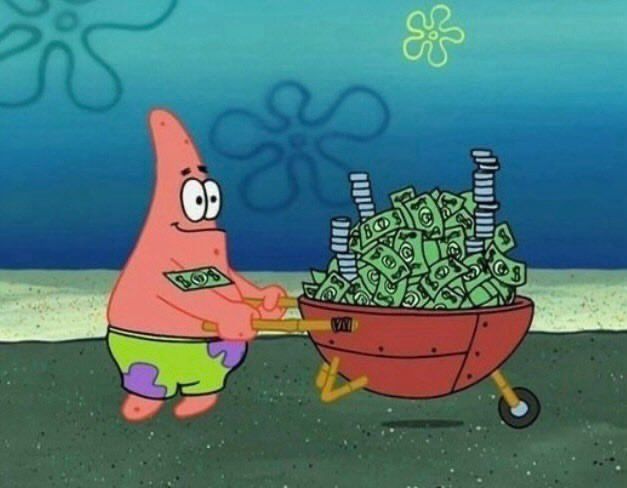 spongebob pushing a wheelbarrow full of money