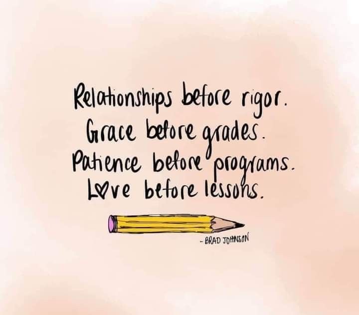 a yellow pencil with the words, relationships before rgrr grace before gades patience before programs love before lessons