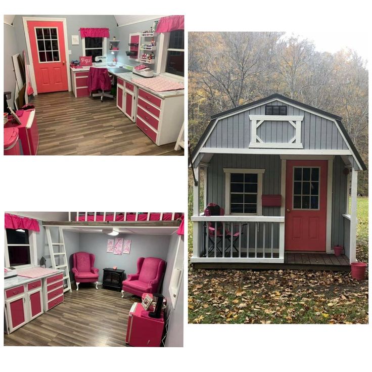 two pictures show the inside and outside of a dollhouse with pink furniture in it