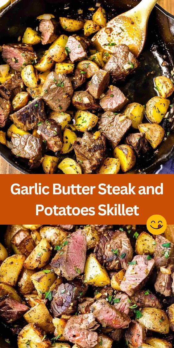 garlic butter steak and potatoes skillet in a pan