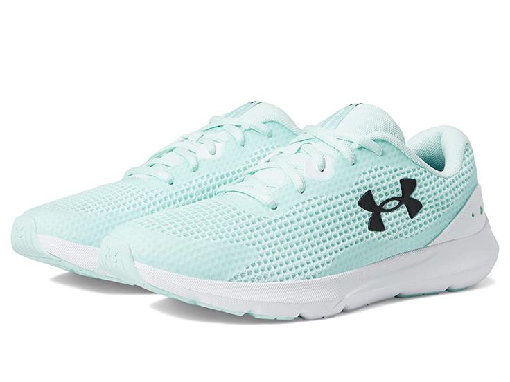 Under Armour Surge 3 - Women's Shoes : Fuse Teal/White/Black : Look sporty and stylish wearing the Under Armour Surge 3 Shoes. Textile and synthetic upper. Textile lining and insole. Lightweight and breathable. Round toe silhouette. Lace-up closure. Synthetic outsole. Imported. Double button pull through stud closure. Weight of footwear is based on a single item, not a pair. Sporty Green Slip-resistant Walking Shoes, Under Armour Breathable Lace-up Walking Shoes, Green Synthetic Walking Shoes For Sports, Sporty Running Shoes With Studded Rubber Outsoles, Green Synthetic Sneakers With Ortholite Insole, Sports Mesh Running Shoes With Studded Outsoles, Mesh Running Shoes With Studded Rubber Outsoles For Sports, Sports Running Shoes With Studded Rubber Outsoles, Casual Mesh Sneakers With Studded Rubber Outsoles