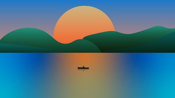 a boat floating on top of a body of water under a sun setting over mountains