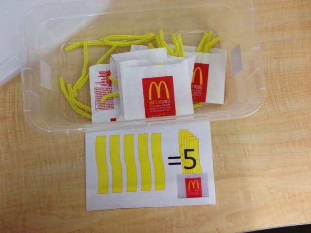 some mcdonald's bags are sitting on a table with yellow cords in front of them