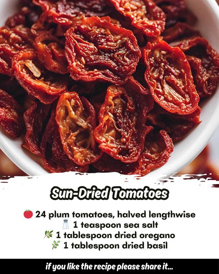 sun dried tomatoes in a white bowl with information about how to use them for cooking