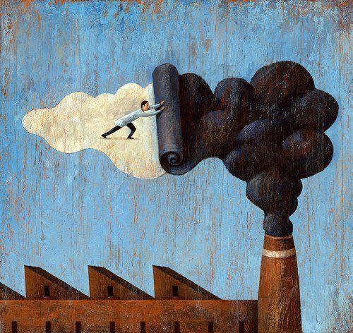 a painting of a man falling from a factory chimney