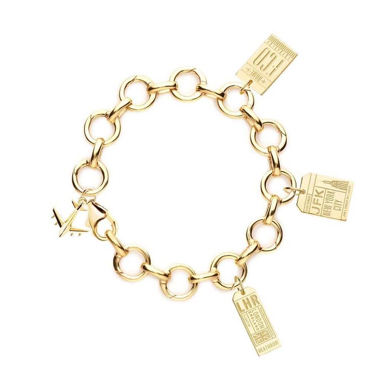 This gold vermeil bundle features our bestselling Infinity link charm bracelet. With 12 links that open easily so you can continue adding more charms, it also includes our signature mini airplane charm.VIEW ALL LOCATIONS HEREIncluded in 14k gold vermeil: Infinity link charm bracelet- approximate dimensions: 7 3 luggage Jfk Airport, Push Presents, Gold Charm Bracelet, Gold Rush, Gems Jewelry, Luggage Tag, Gold Charm, Luggage Tags, Cute Jewelry