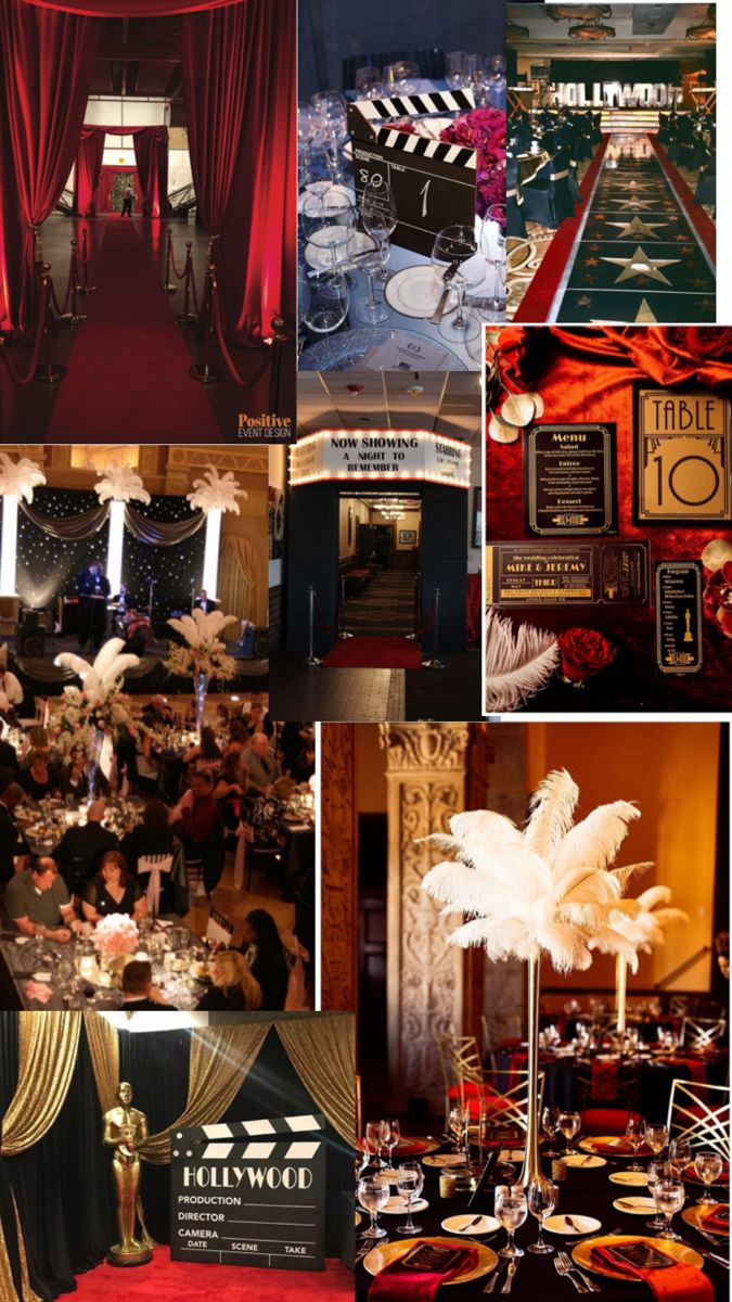 a collage of photos with red and black decorations, gold accents, and white feathers