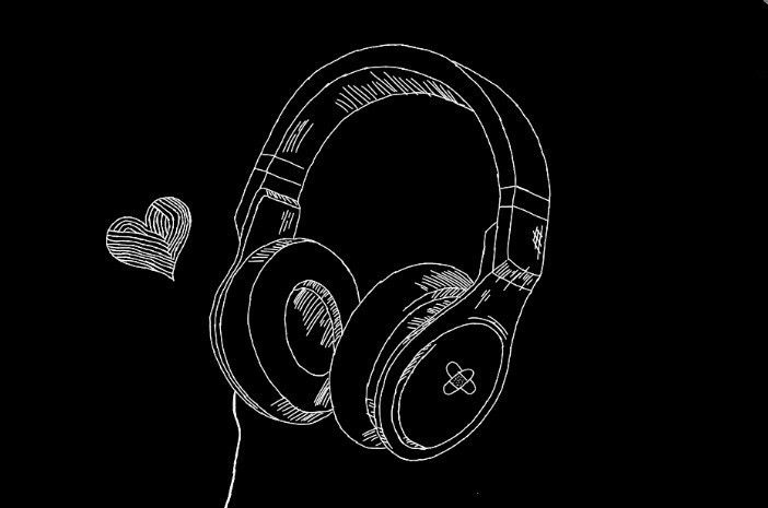 a drawing of headphones with hearts drawn on them in black and white, against a dark background