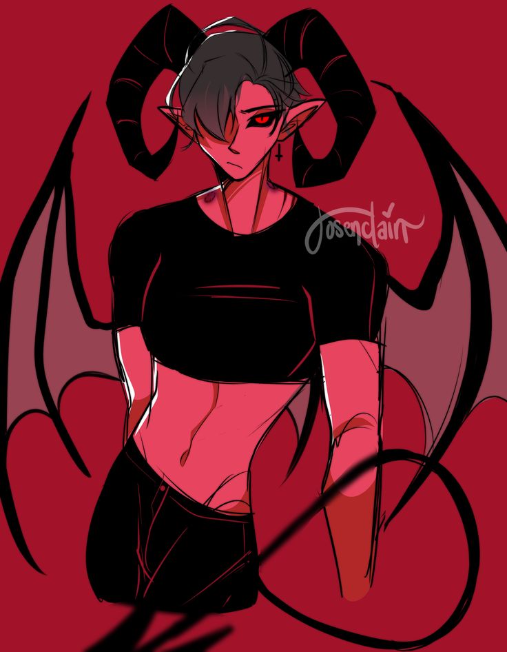 a demon with ram horns, pinkish-red skin, black sclera, dark hair and bat wings. he is standing, facing the camera. he is wearing a black crop top shirt. an arrow tail swishes closely towards the camera. Incubus Art Anime, Incubus Pose Reference, Incubus Fanart, Incubus Artwork, Male Succubus Oc, Incubus Drawing, Incubus Character Design, Incubus Demon Art, Incubus Design